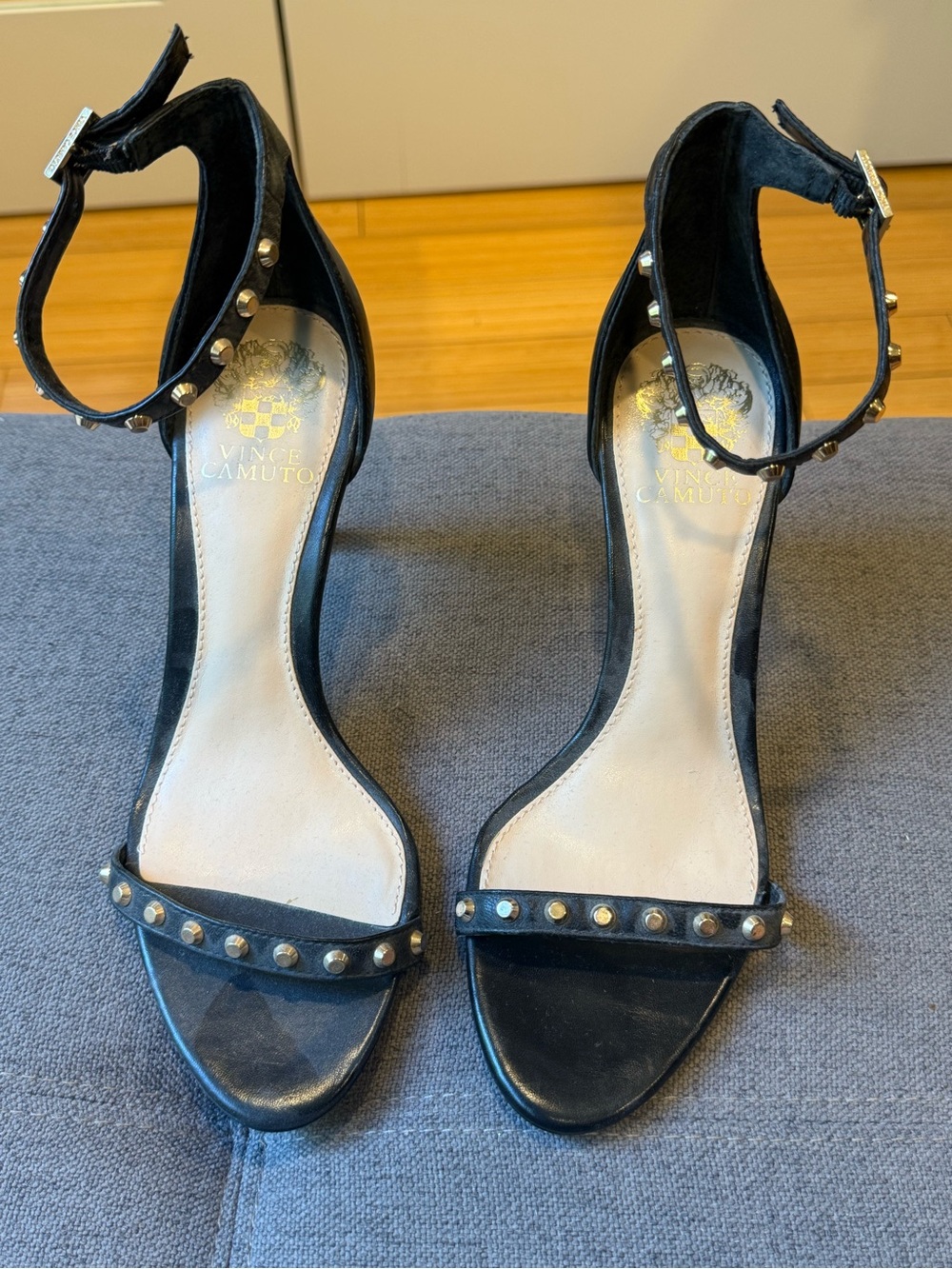 Vince Camuto Black Studded Ankle-Strap Sandals with Gold Accents